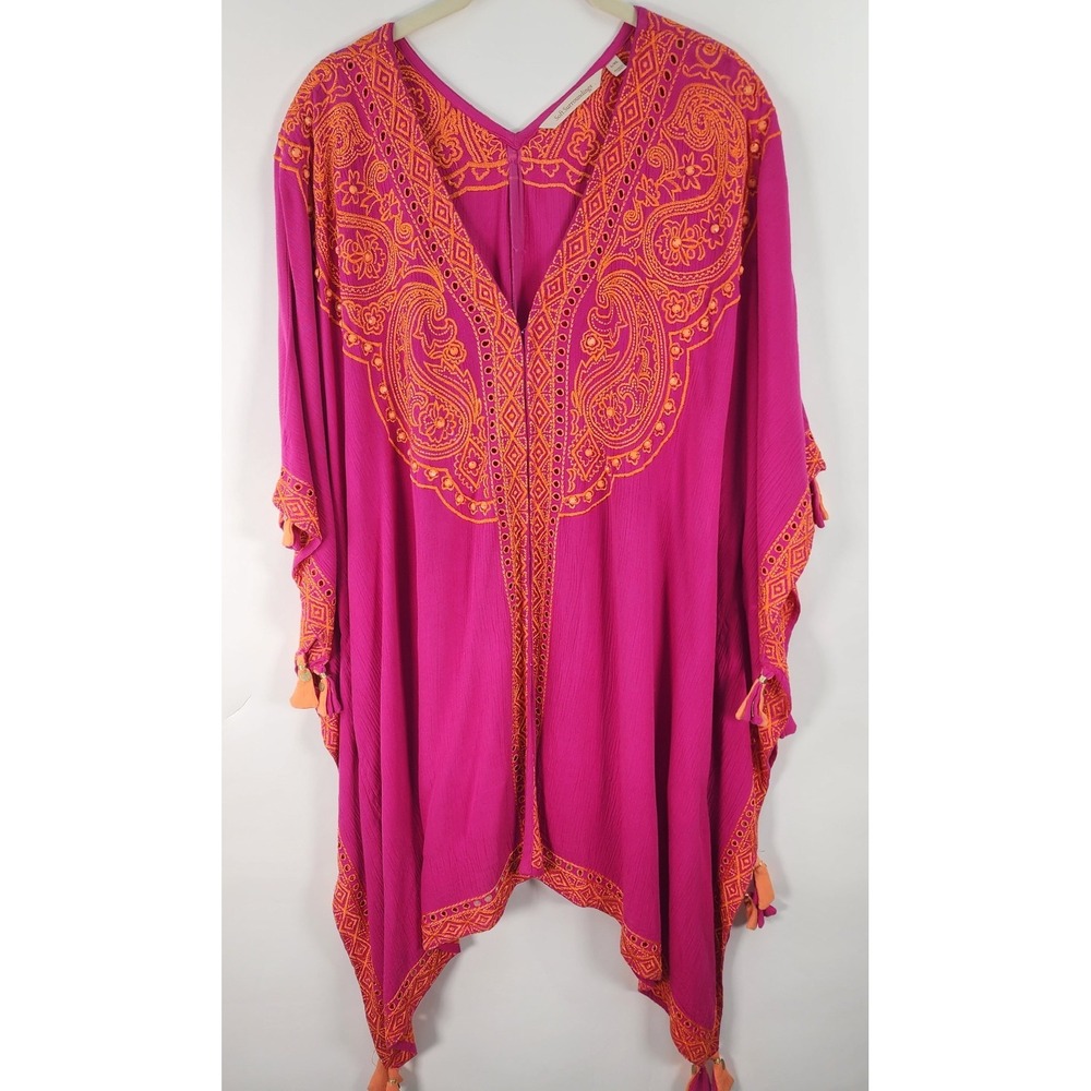 Soft Surroundings Top Women's L/XL Catalpa Embroidered Beaded Tunic Magenta Boho